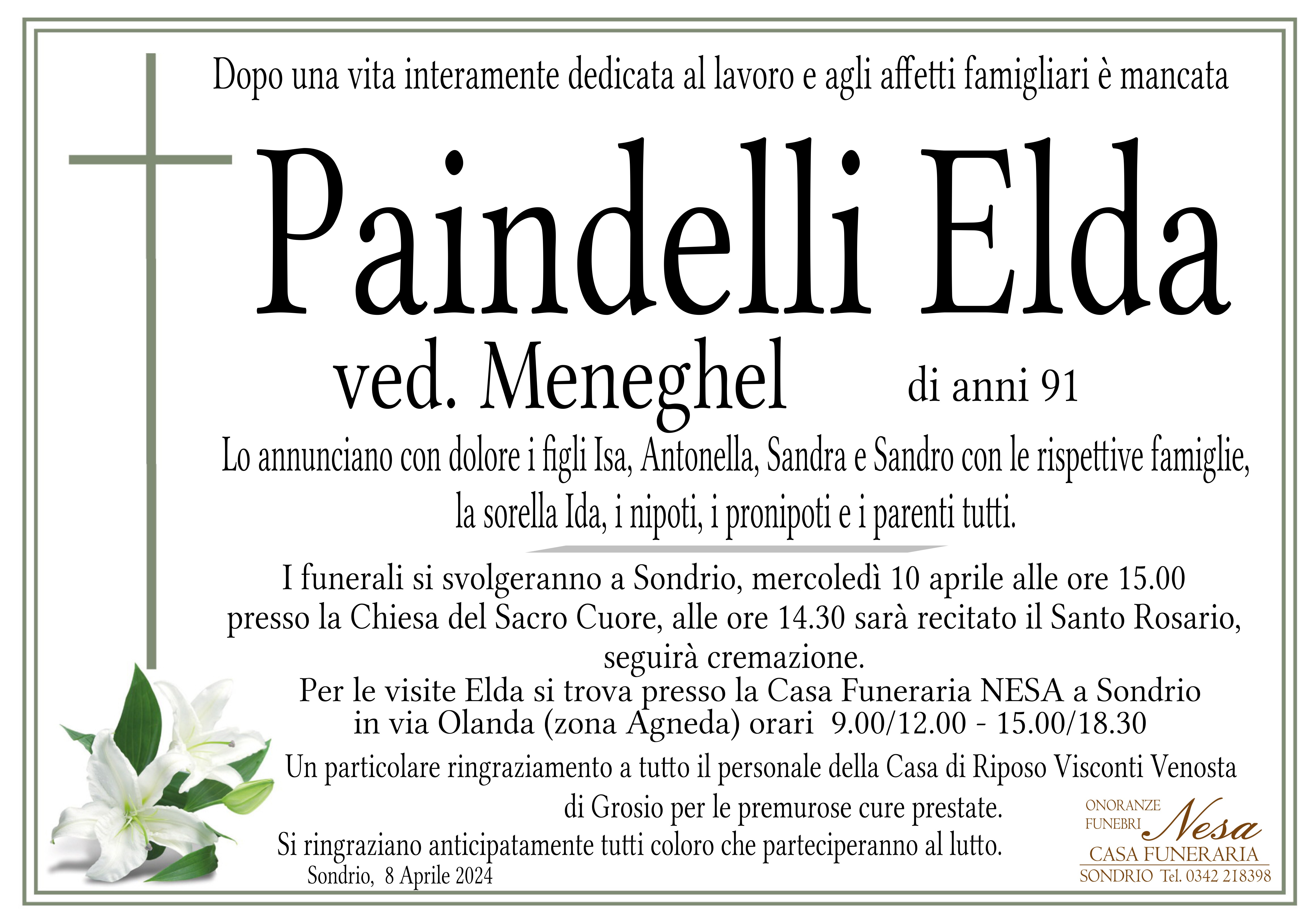 Necrologio Elda Paindelli  ved. Meneghel